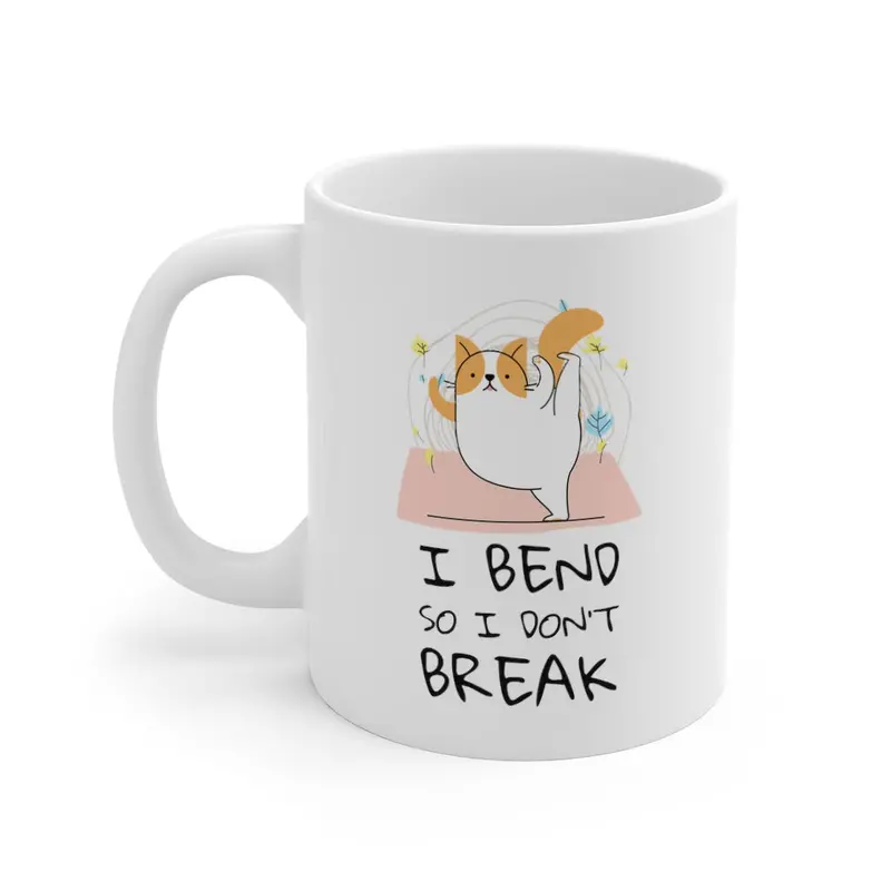 Yoga Cat Motivational Mug – ‘I Bend So I Don’t Break’